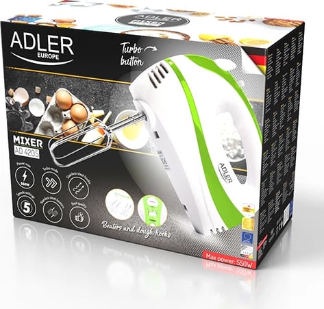 Mikser dore, Adler AD 4205, 300W (max 550W), 5 shpejtësi, Turbo, bardhë/jeshile
