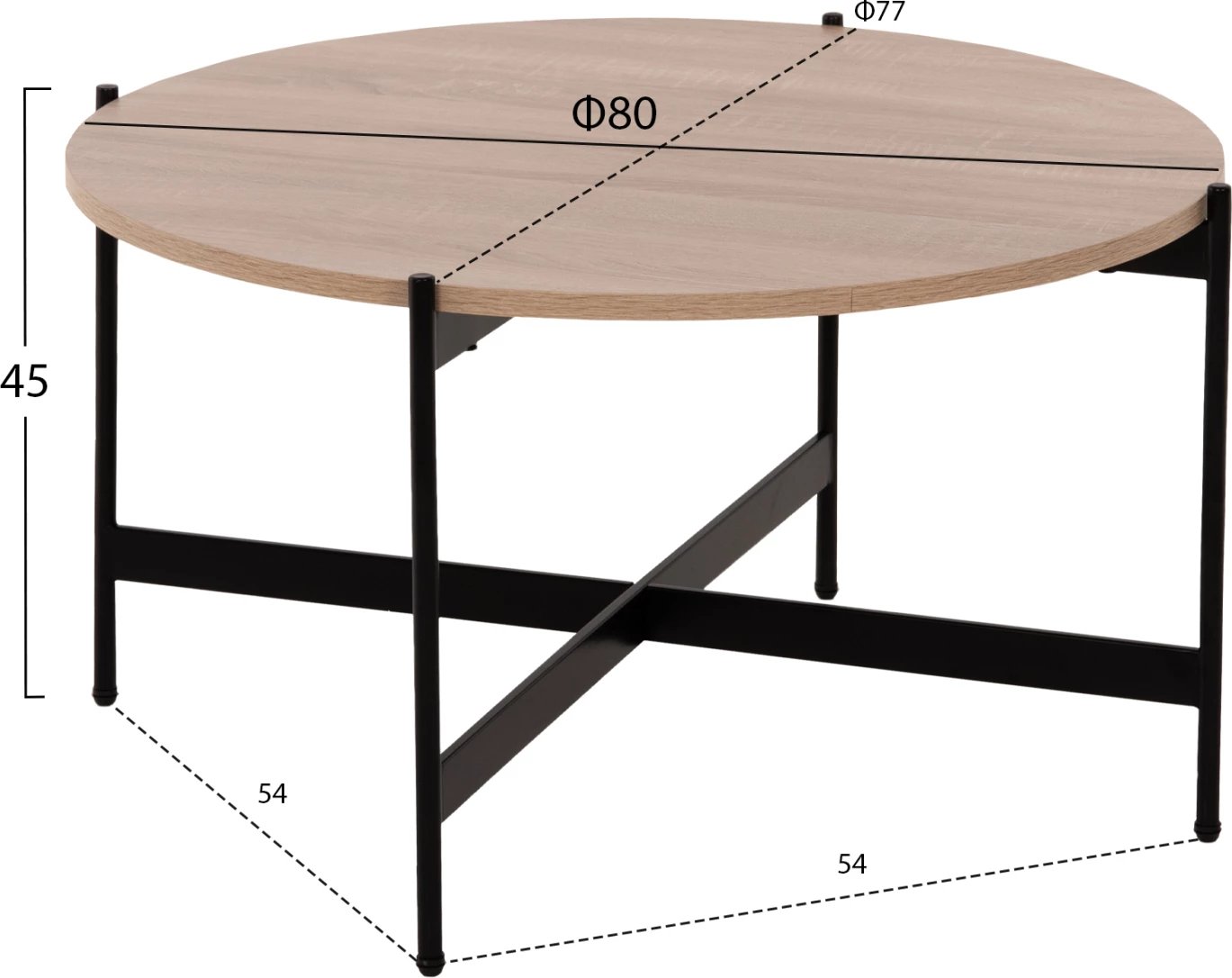 Tavolinë kafeje FH9588.03, sipërfaqe MDF, ngjyrë sonoma, bazë metalike e zezë, Φ80x45H cm