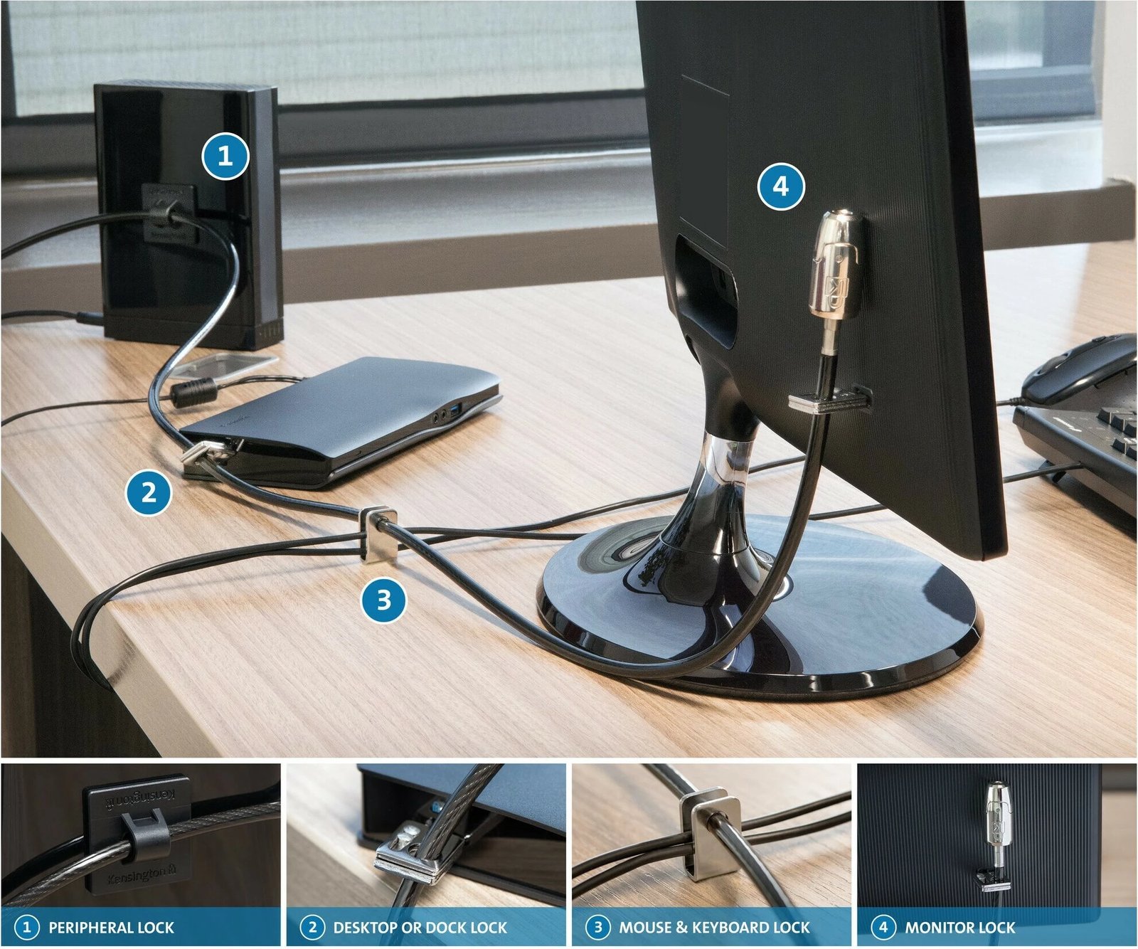 Set sigurie Kensington Desktop & Peripherals Locking Kit 2.0, 2.44m, çelës, karbon çelik, zi/argjend