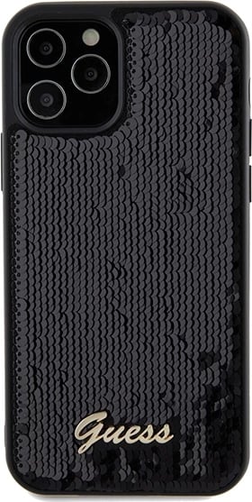 Mbështjellës Guess Sequin Script Metal për iPhone 12/12 Pro, i zi