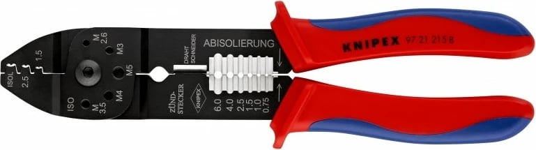 Vegël krimpimi Knipex 97 21 215 B, metal, dorezë plastike, zi/blu/kuqe