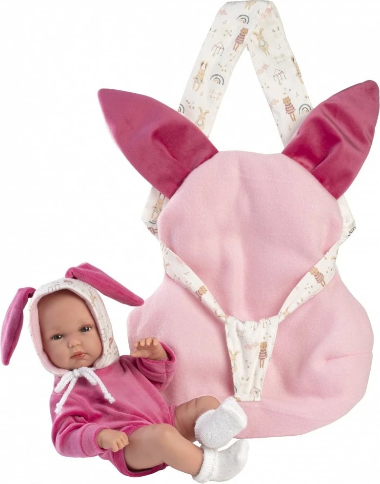 Kukull foshnje vinili, Llorens 63506 Bimba, 35 cm, set me veshje 3-pjesëshe dhe mbajtëse, rozë