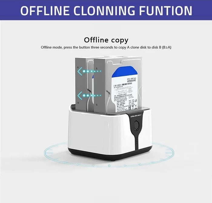 Stacion dokimi Qoltec 50309 për HDD/SSD 2.5"/3.5", USB 3.0, funksion klonimi, zi/bardhë