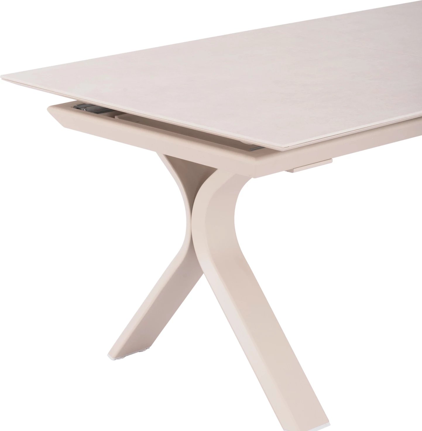 Tavolinë ngrënieje e zgjatshme ANDROMEDA, alumin, sipërfaqe gur sintetik, ngjyrë fildishi, 180-240x100x76.5cm