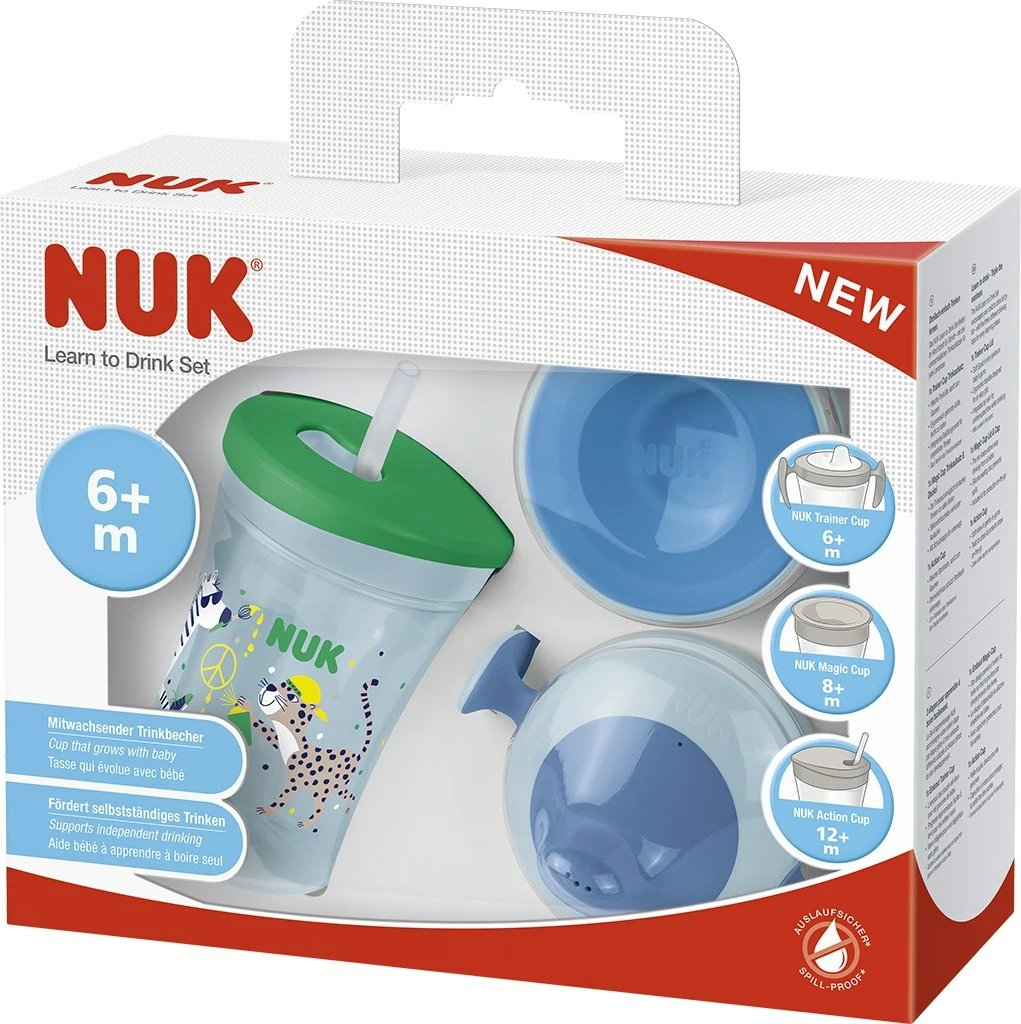 Gotë bebe NUK Learn to Drink Set, 230 ml, jo-pikëse, BPA-free, 6+ muaj, për djem, e kuqe