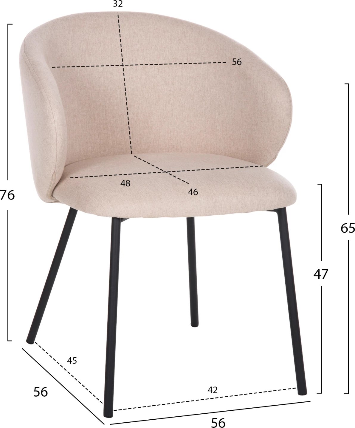 Karrige për ngrënie ISIAH FH9615.03, pëlhurë bezhë, këmbë metalike të zeza, 56x56x76H cm, set prej 2 copash