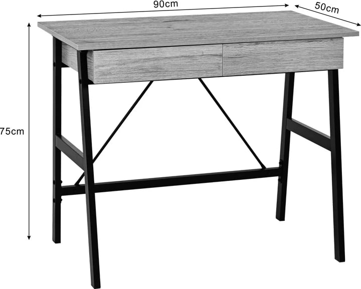 Tavolinë pune me sirtarë, ngjyrë lisi, këmbë metalike të zeza, Lione, 90x50x75cm