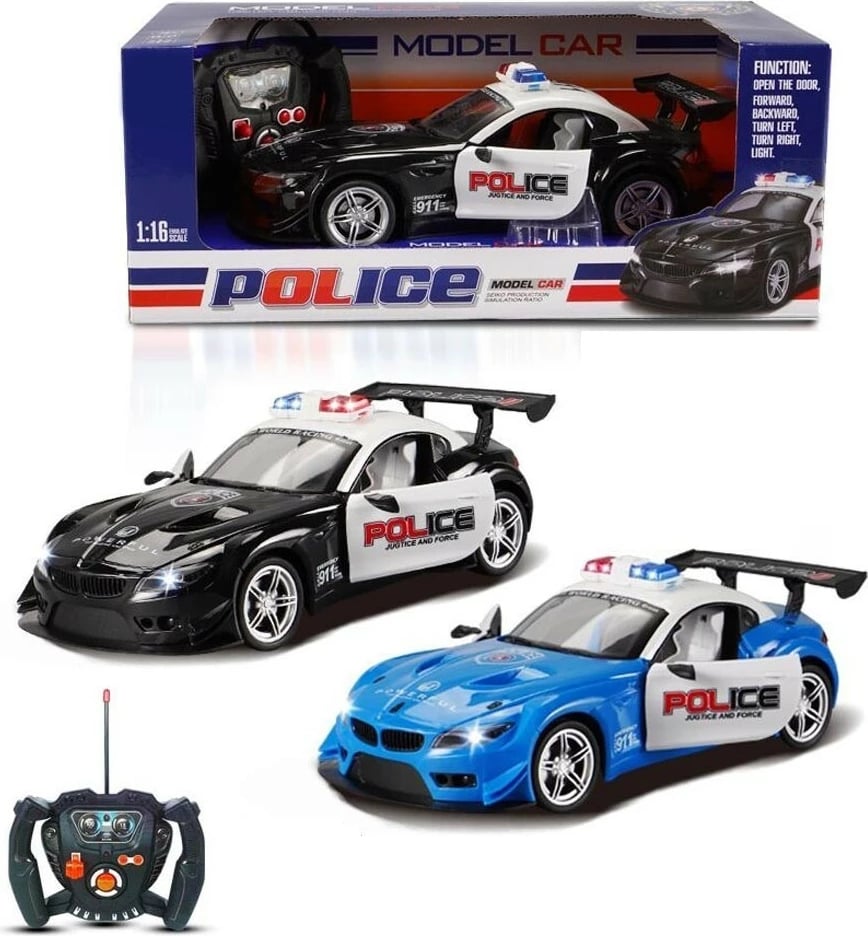 Makine policie me telekomandë, Madej 012973, shkallë 1:16, drita LED, dyer që hapen, USB 5V, ngjyrë miks