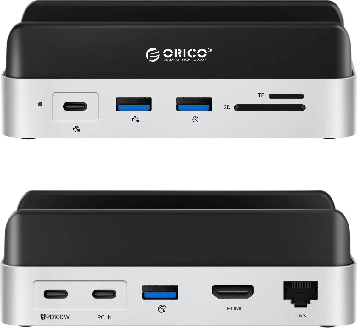 Stacion dokimi 10-në-1, Orico MiniDock, me slot M.2 deri 8 TB, HDMI 4K@60Hz, USB-C PD 100W, për Mac mini 2024, argjend