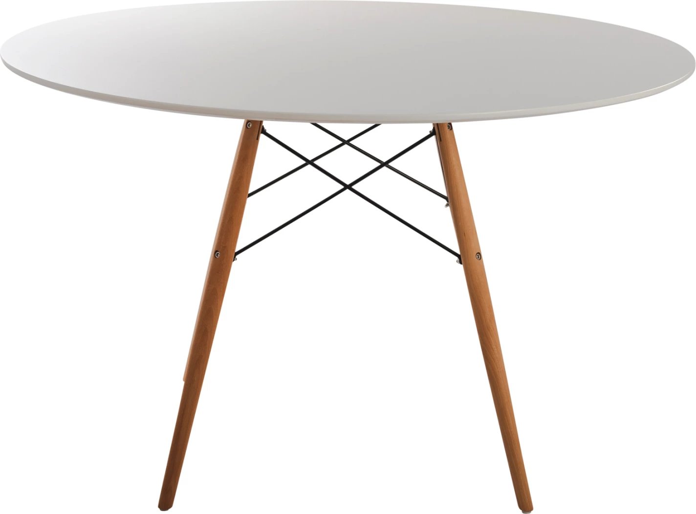 Tavolinë ngrënieje e rrumbullakët, sipërfaqe MDF e bardhë, këmbë druri ahu natyrale, FH8454.01, 120x75cm