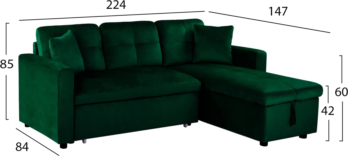 Divan qoshe që bëhet shtrat Wayne 224x147x85 FH3028.13 Kadife Jeshile Cipres