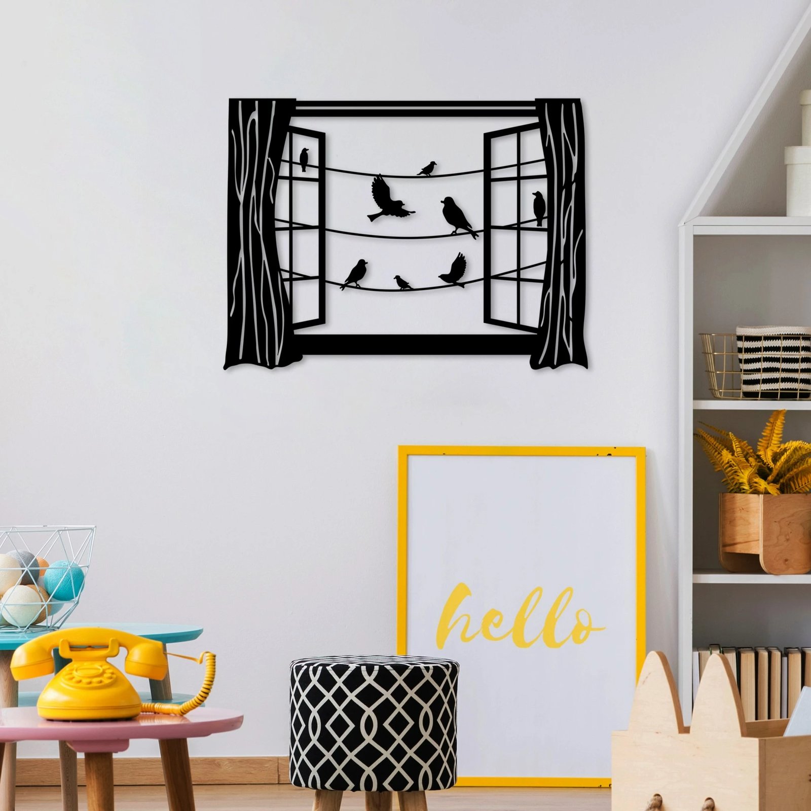 Aksesor dekorativ metalik për mur, zogj para dritares, Wallity