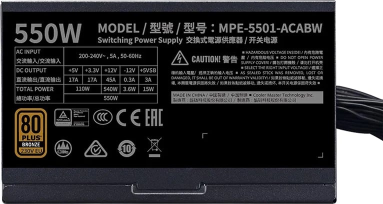 Kasë furnizimi Cooler Master MWE BRONZE V2 550W, 230V, e zezë