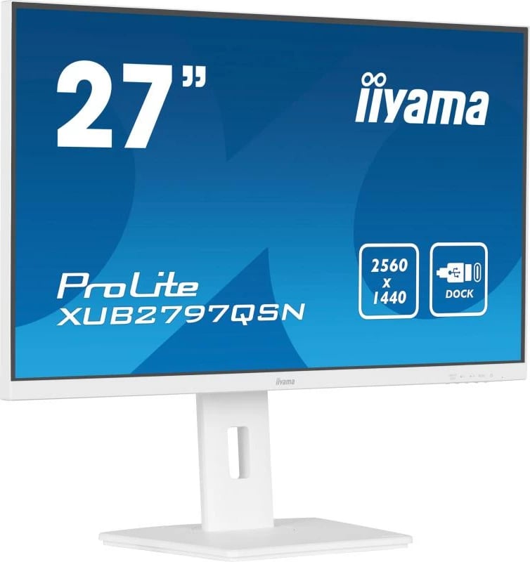 Monitor, iiyama, ProLite XUB2797QSN-W2, 27" QHD 2560x1440 IPS, USB-C dock dhe DisplayPort out, rregullim lartësie 150 mm me pivot, i bardhë