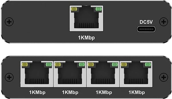 Switch rrjeti Qoltec 52293, 5 porta RJ45, 1000Mb/s, alumini, USB-C