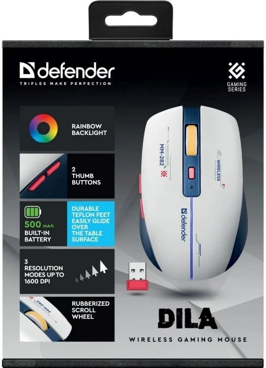 Maus wireless Defender Dila MM-282, 1800dpi, 6 butona, Bardhë