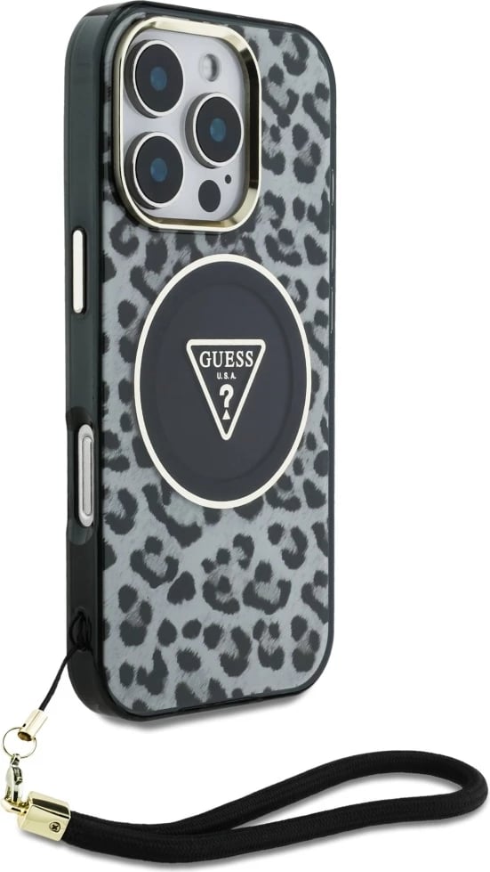 Mbështjellës Guess HC IML Leopard Triangle Cord Strap për iPhone 16 Pro, MagSafe, Zi Mbështjellës Guess HC IML Leopard Triangle Cord Strap për iPhone 16 Pro, MagSafe, Zi