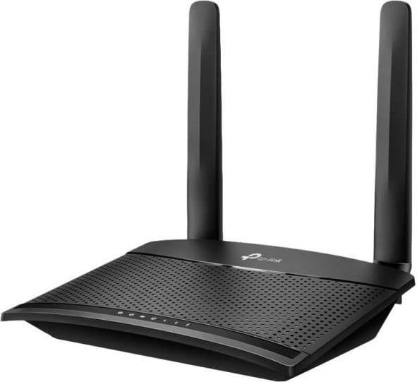 Router mobil, TP-Link TL-MR100, 4G LTE, Wi‑Fi 300Mbps, modem i brendshëm, slot SIM, 4 porta LAN, me 2 antena, e zezë