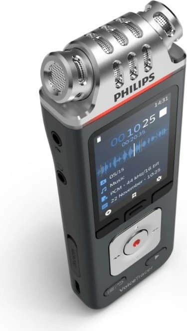 Dyktafon Philips VoiceTracer DVT8115, 8GB, mikrofon 360°, microSDHC 32GB, Zi/Argjendtë