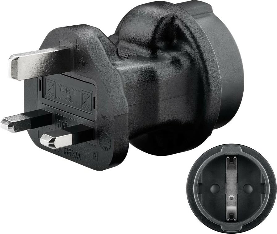 Adapter prizash UNOLD Goobay, Type F në Type G (UK), 250V, 5A, i zi