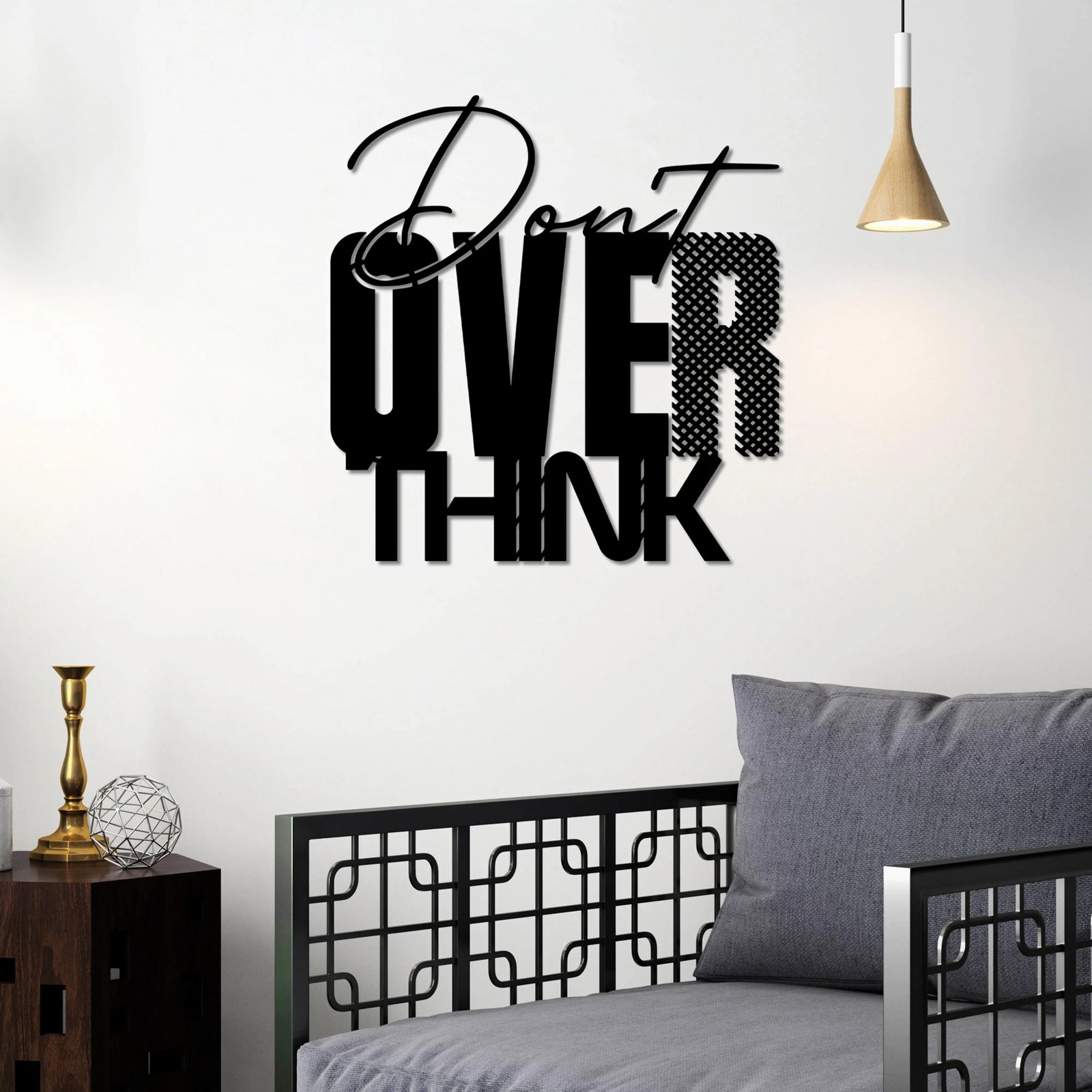 Aksesor dekorativ metalik për mur, 'Don't Overthink', ngjyrë e zezë, 52x54cm