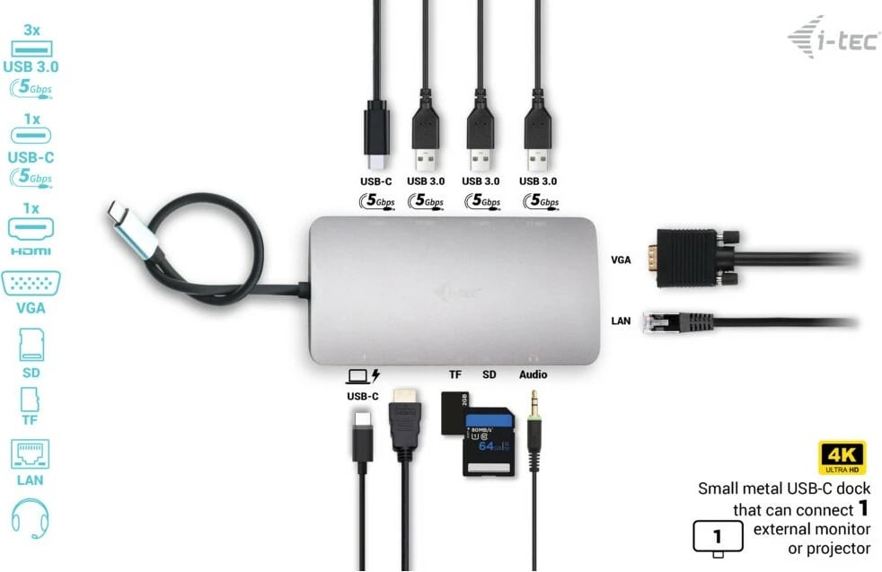 Doking stacion I-Tec Metal USB-C Travel Nano Dock, HDMI/VGA, LAN, Power Delivery 100W, argjend