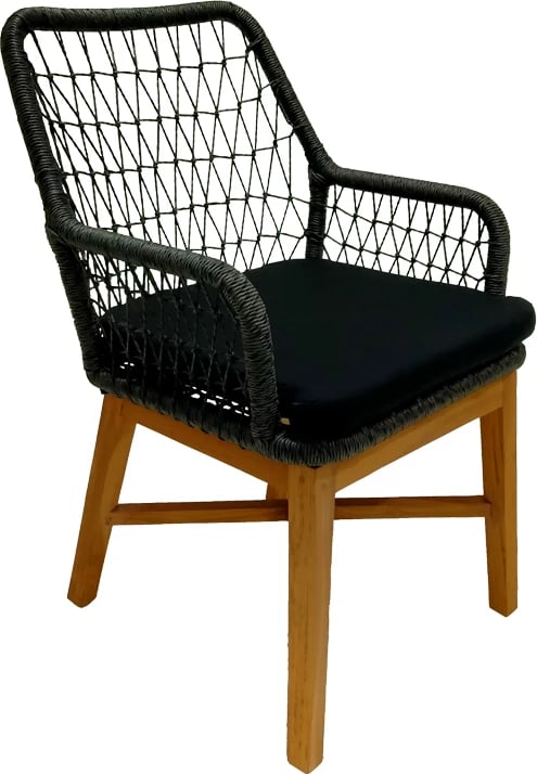 Karrige me krahë Elaiza dru teak dhe litar sintetik, ngjyrë natyrale-e zezë, me jastëk, 58x60x90cm