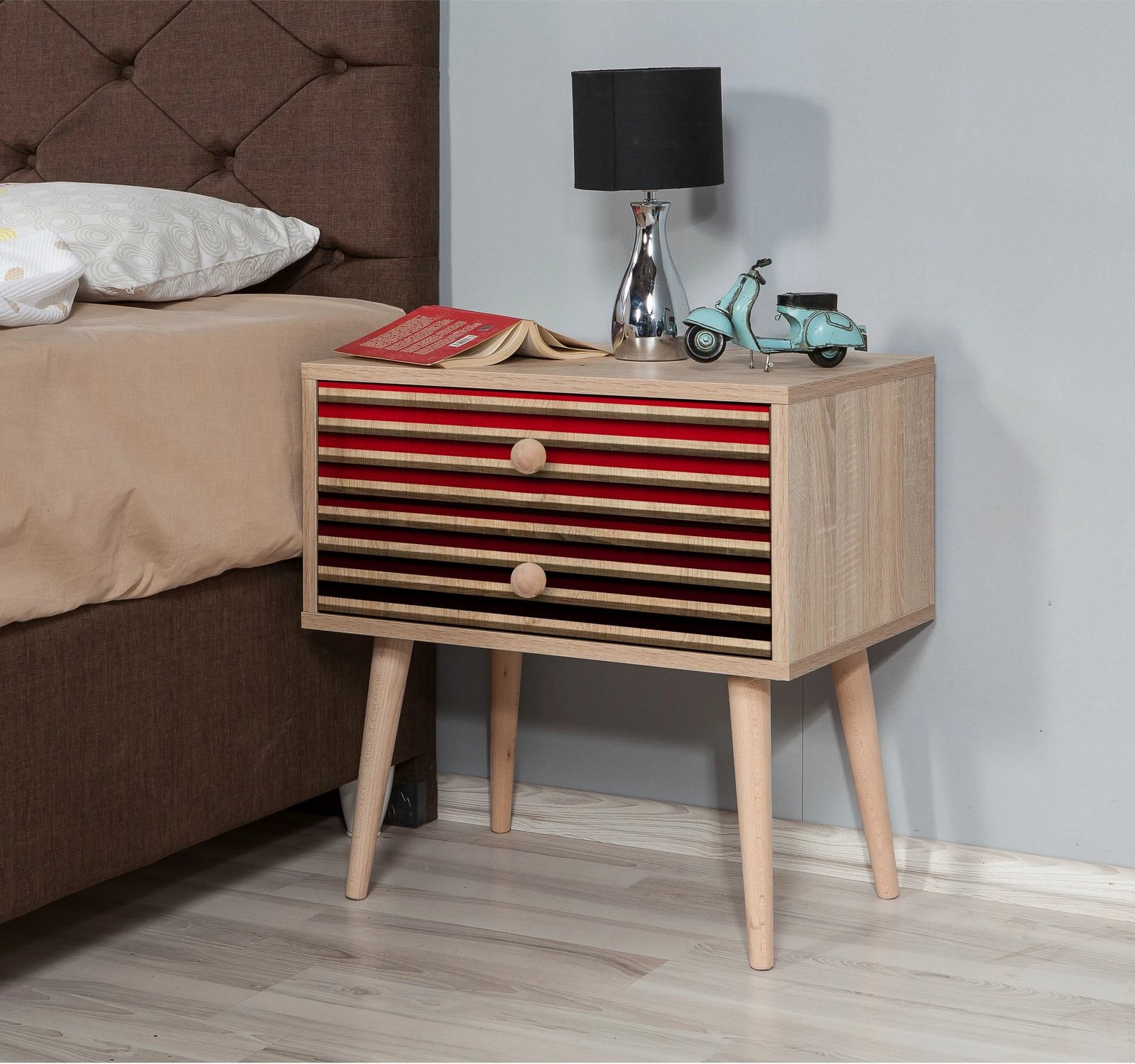 Komodinë moderne Hanah Home, dy sirtarë, ngjyrë lisi Sonoma, 60x61x40cm