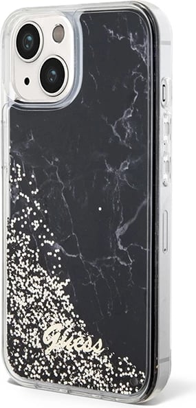 Mbështjellës Guess Liquid Glitter Marble për iPhone 14, i zi