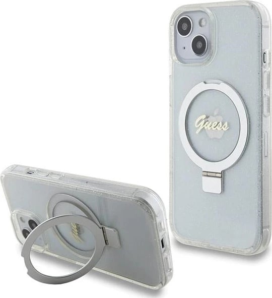 Mbështjellës Guess Ring Stand Script Glitter MagSafe për iPhone 15/14/13, transparent