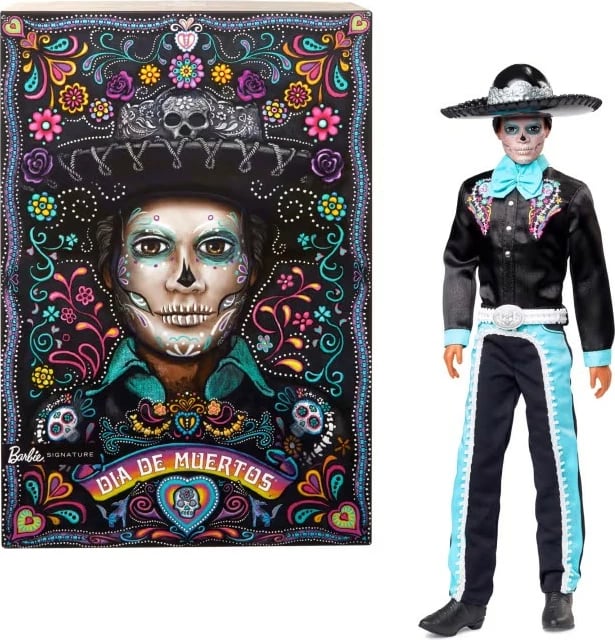 Kukull Ken Barbie Signature Día De Muertos HRM73, set me qëndrim, e zezë/kaltër