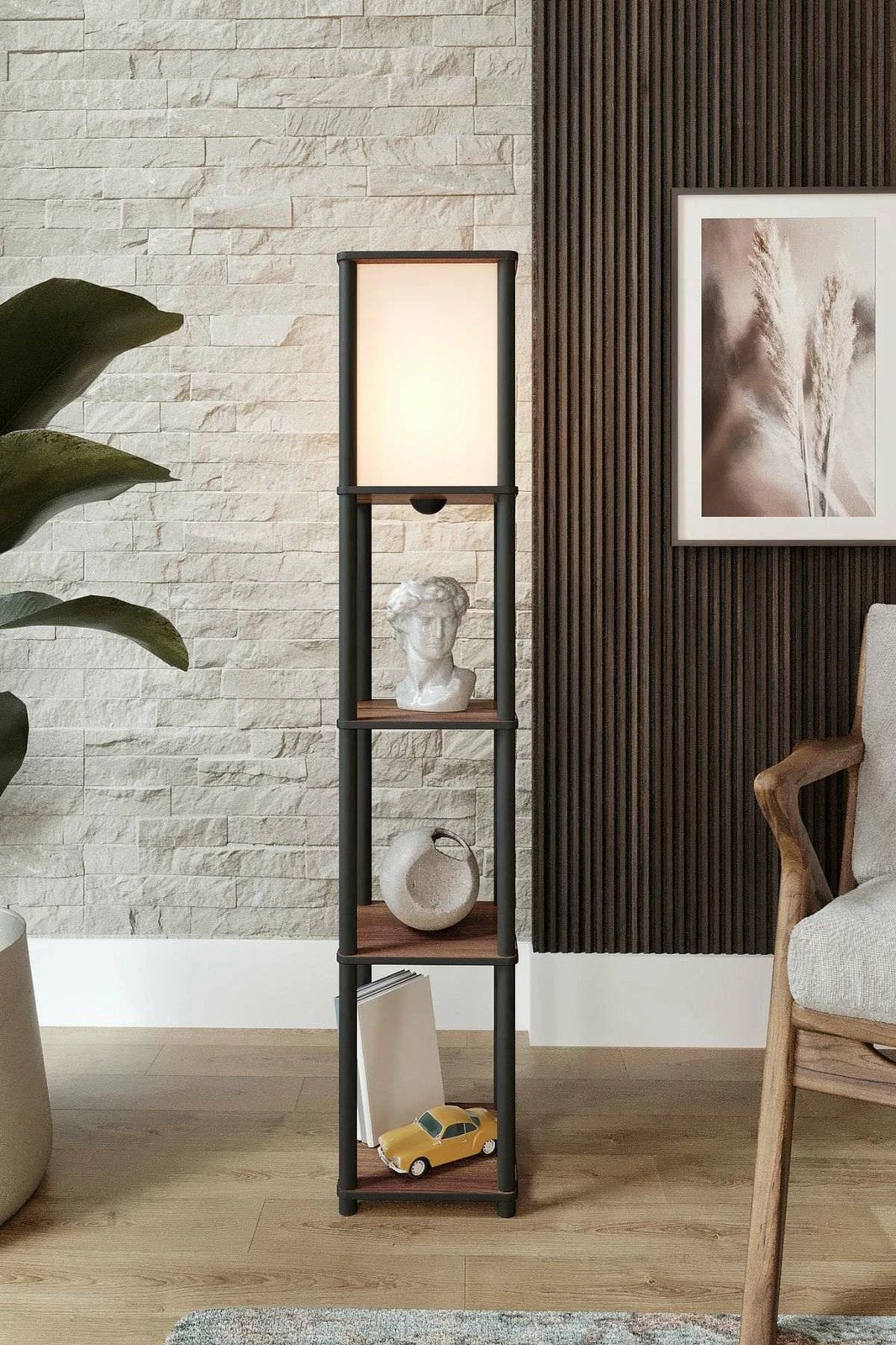 Llambë dyshemeje Opviq, raft me ndriçim, ngjyrë arre, TierShelfLampz2