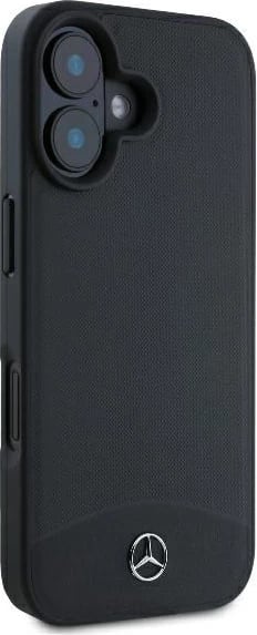 Mbështjellës Mercedes për iPhone 16, MagSafe, lëkurë teksturë dhe e lëmuar, e zezë