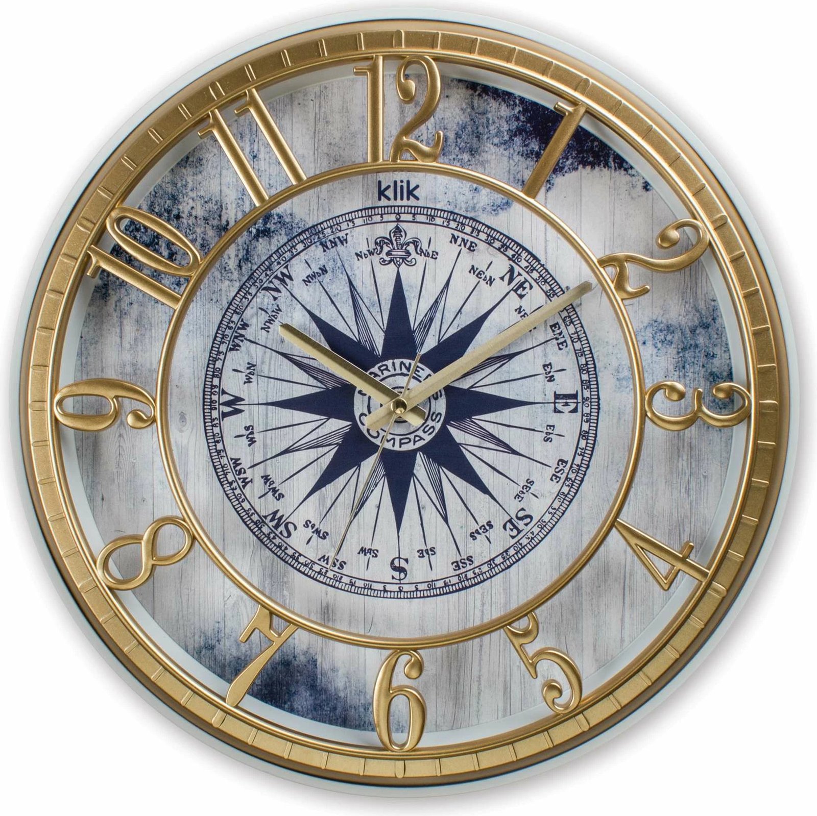 Orë muri dekorative Wallity, Hisar Compass, ngjyrë ari dhe kaltër, 40x40cm