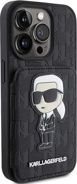 Mbështjellës Karl Lagerfeld Saffiano Cardslots & Stand Monogram Ikonik për iPhone 15 Pro, e zezë