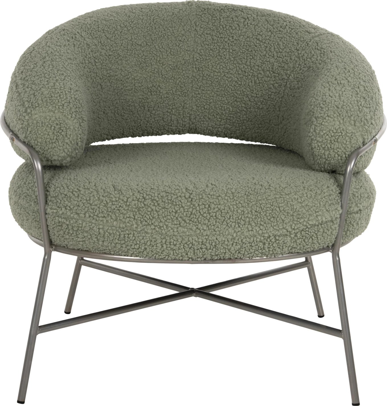 Fotelje TRUDI FH8639.27, ngjyrë fistik, pëlhurë boucle dhe kornizë metalike argjendi, 84x79x76H cm