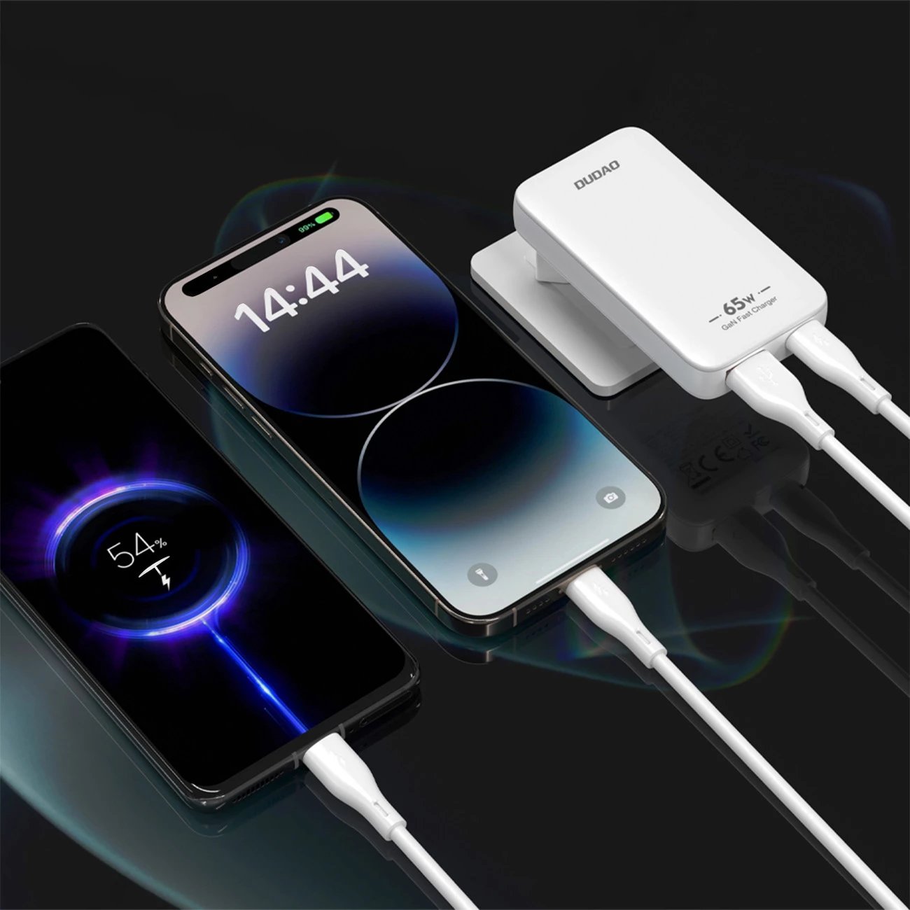 Karikues muri Dudao A65Q, 65W, GaN, USB-C/USB-A, i bardhë