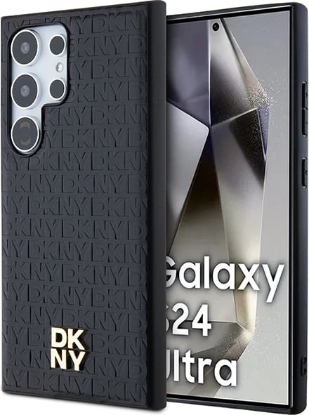 Mbështjellës DKNY Leather Pattern Metal Logo MagSafe për Samsung Galaxy S24 Ultra, zi