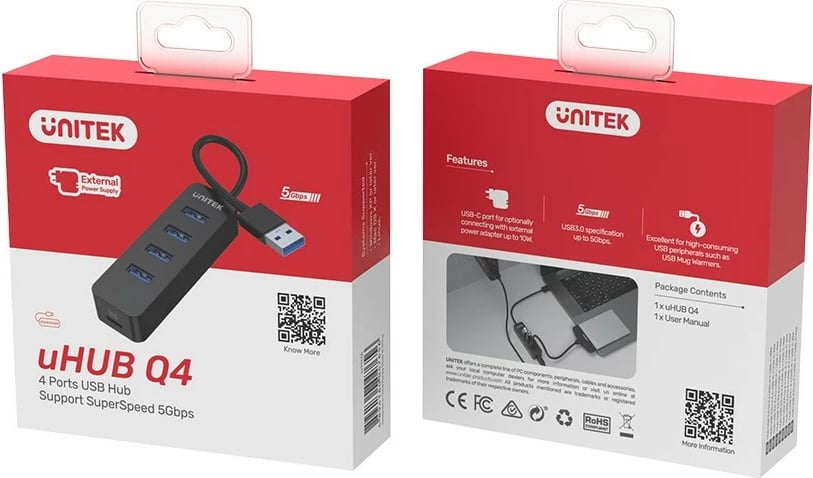 Kasë Unitek H1117A, 4x USB-A 3.1, aktiv, 10W, e zezë