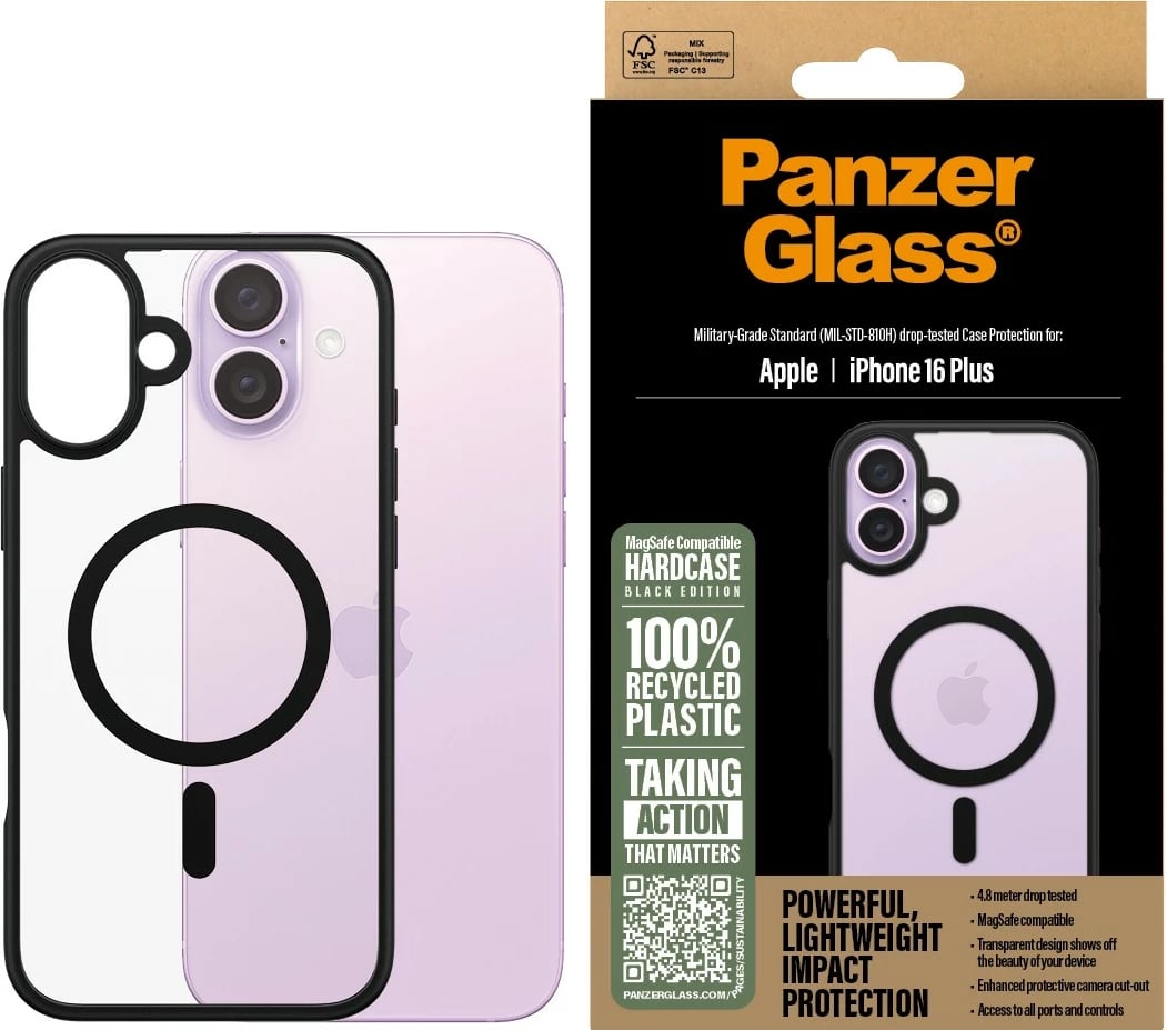 Mbështjellës PanzerGlass HardCase MagSAFE për iPhone 16 Plus, transparent/zi