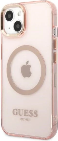 Mbështjellës, Guess, Gold Outline Translucent MagSafe, për iPhone 13 6.1\", TPU/PC, kompatibil me MagSafe, rozë