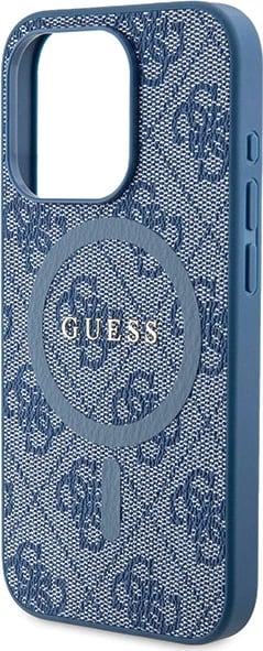Mbështjellës Guess 4G Collection Leather Metal Logo MagSafe për iPhone 14 Pro, Kaltër