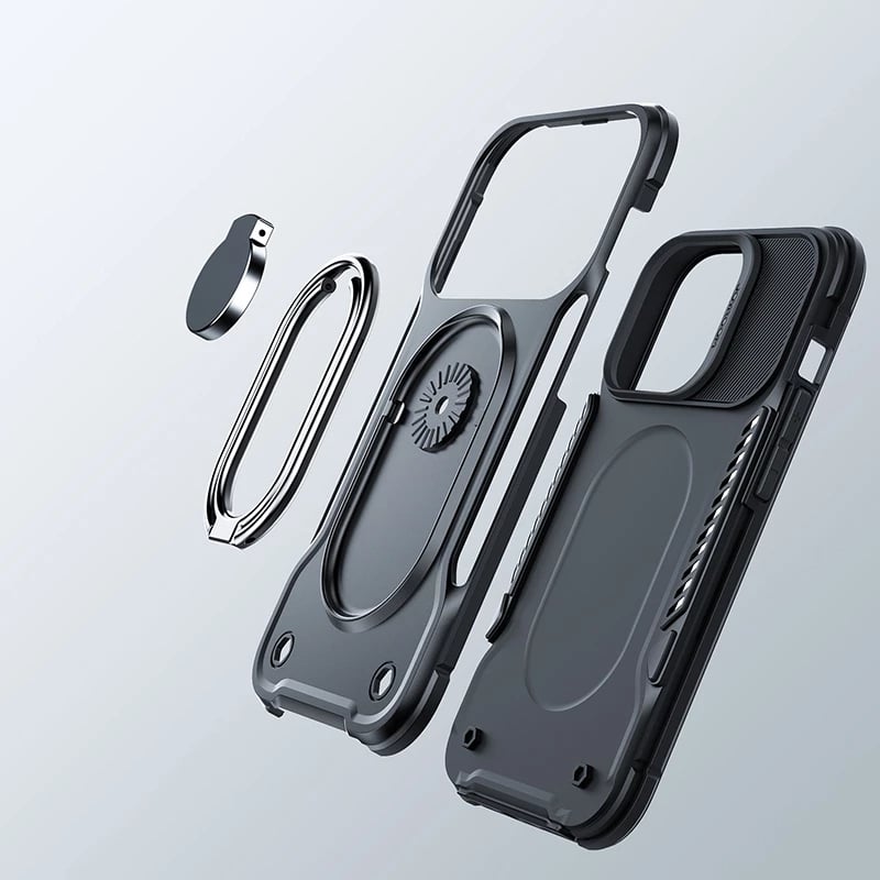Mbështjellës Joyroom Dual Hinge për iPhone 14 Plus, me këmbalec dhe ring holder, Zi