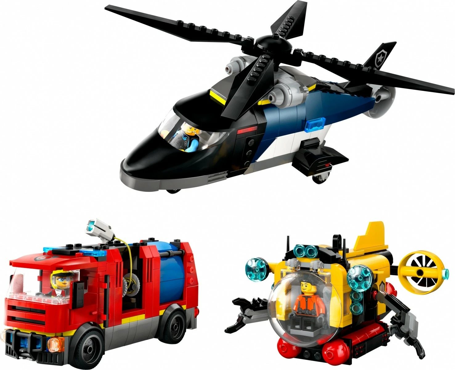 Set ndërtimi LEGO City 60462 me helikopter, kamion zjarrfikës dhe nëndetëse, 874 pjesë