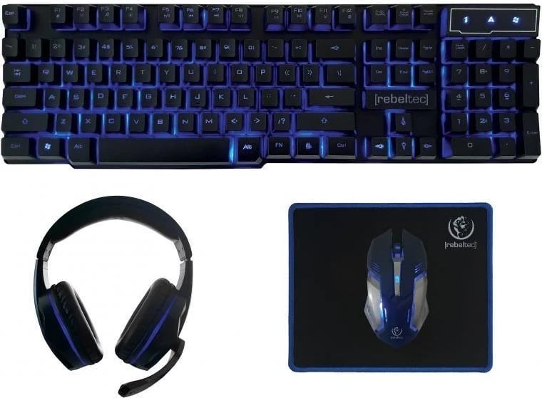 Set gaming Rebeltec SHERMAN, tastierë QZERTY, maus, kufje, USB, e zezë