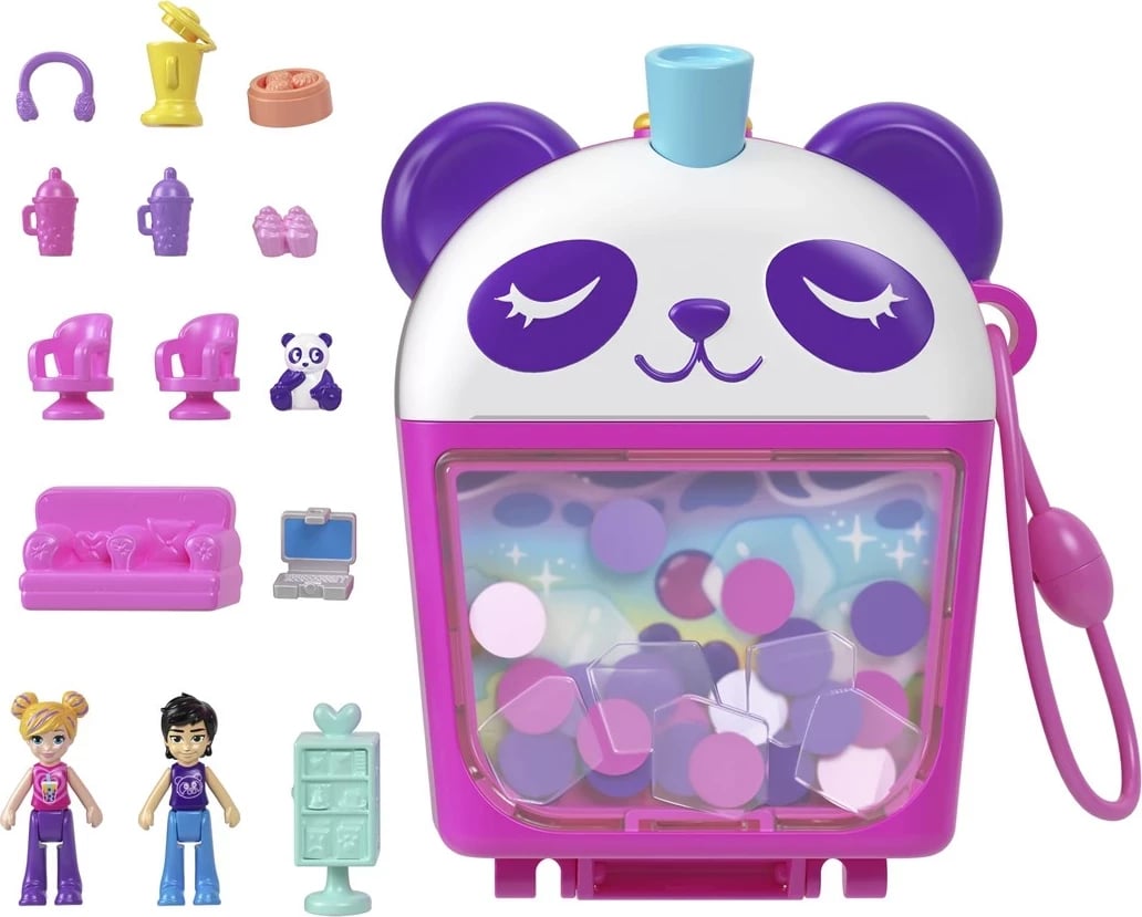 Set lodrash Polly Pocket Bubble Tea Panda Compact me 2 kukulla të vogla dhe panda, shumëngjyrësh