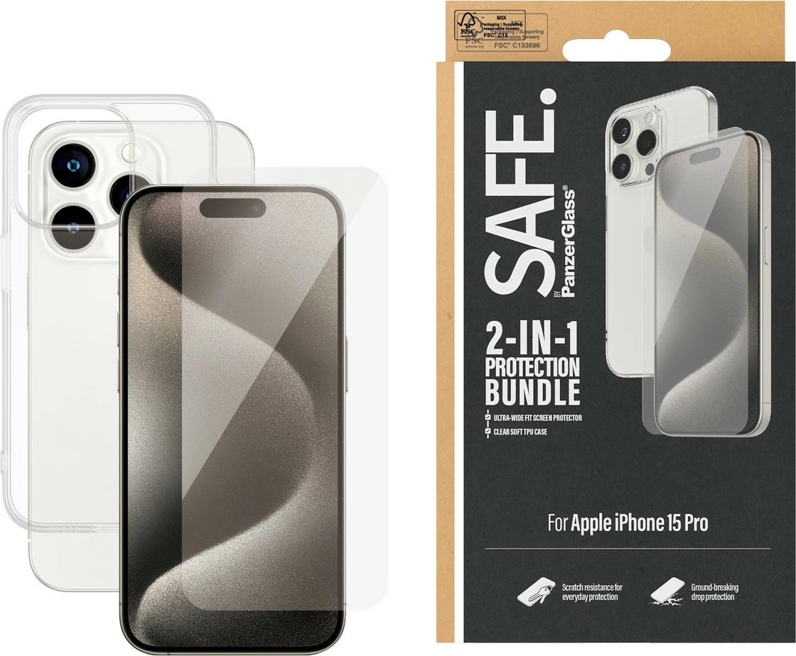Mbështjellës PanzerGlass SAFE. 2-in-1-Pack për iPhone 15 Pro, transparent