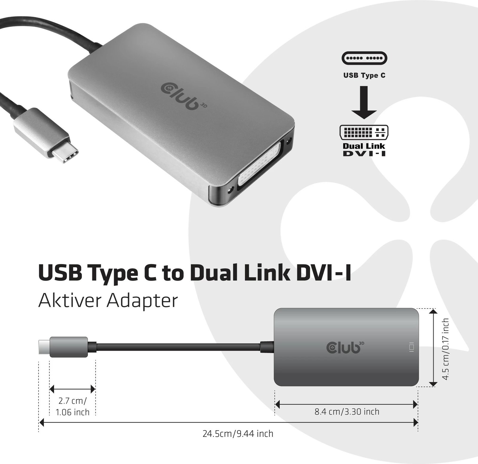 Adapter Club3D USB Type-C në DVI-D, Dual Link, Plug and Play, 2160p, gri