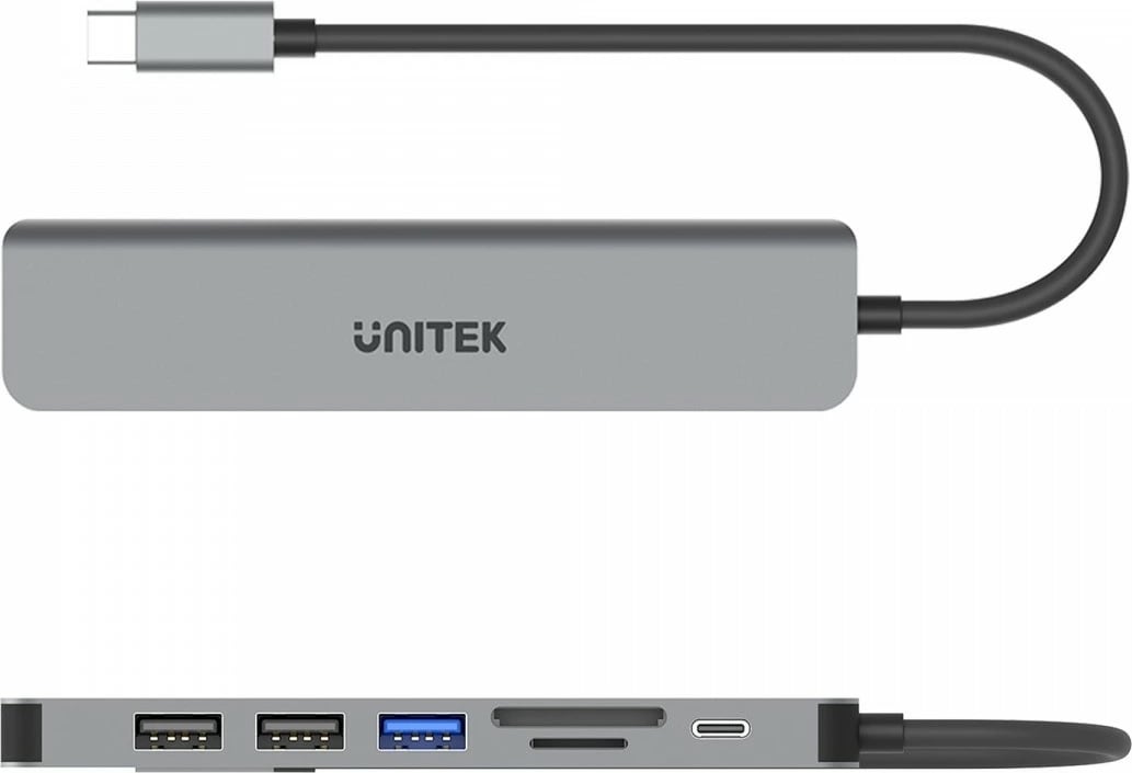 HUB USB-C Unitek H1118A 7-në-1, alumini, 100W PD, HDMI 4K, i zi/gri/argjendtë