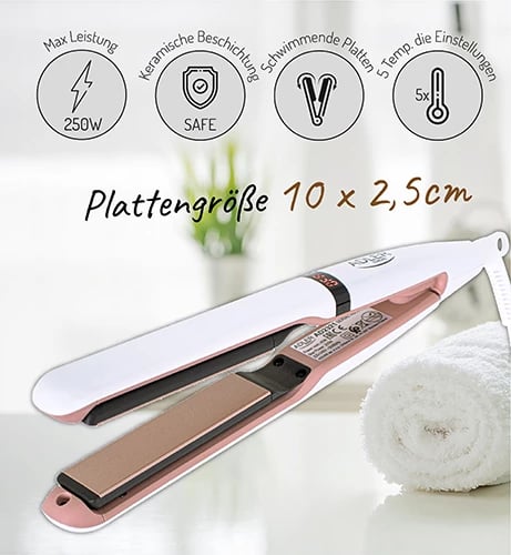 drejtues flokësh, Adler, AD 2321, pllaka qeramike, 5 temperatura 140-220°C, ekran LCD, pllaka 10x2.5cm, kabllo rrotulluese 360°, e bardhë perle